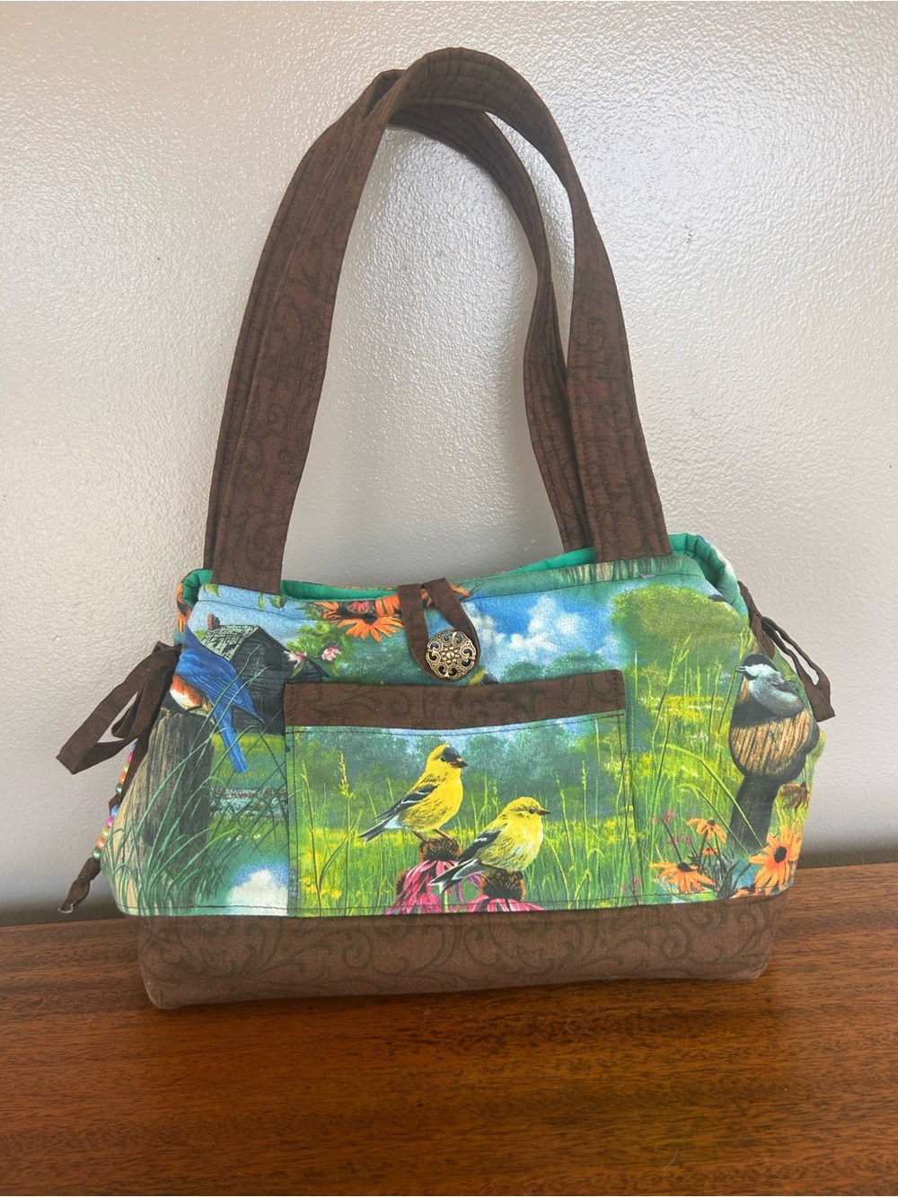 Handmade Vibrant Colored Quilted Bird Themed Handbag Purse Button/Drawstring NEW